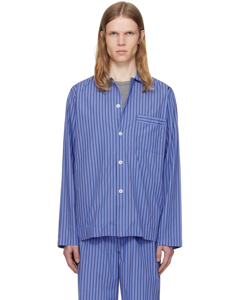 TEKLA Navy Poplin Long-Sleeved Pyjama Shirt Boro