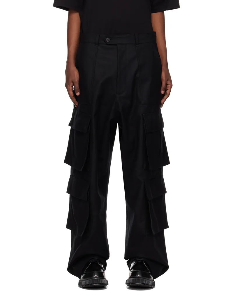 LOWNN Black Flannel Wool Wide Leg Cargo Pants Black