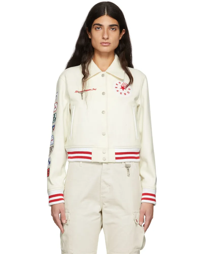 Reese Cooper Off-White Wool Varsity Bomber Jacket White