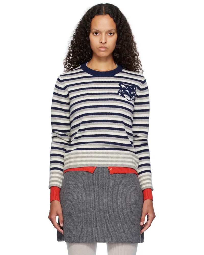 Kitsuné Blue & Off-White Fox Head Intarsia Striped Sweater B481