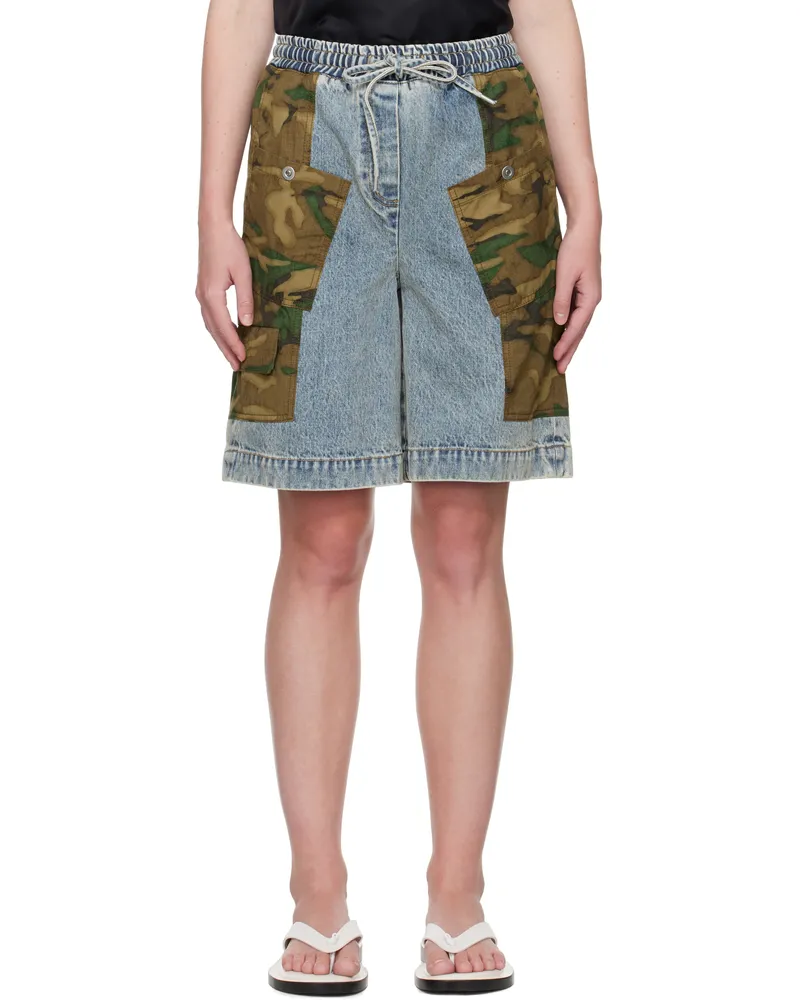3.1 phillip lim Blue & Khaki Patchwork Camo Basketball Denim Cargo Shorts Dark