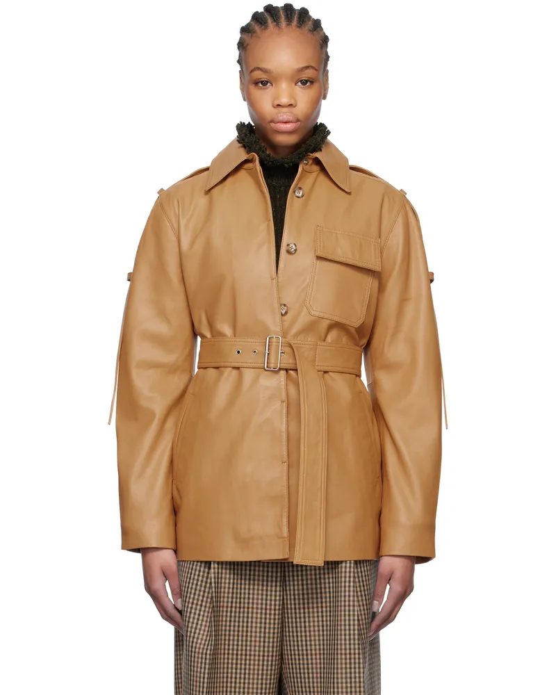 Victoria Beckham Tan Belted Boxy Leather Jacket Butter