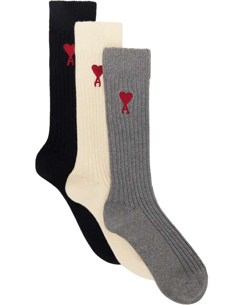 AMI Paris Three-Pack Multicolor Cotton Socks Off