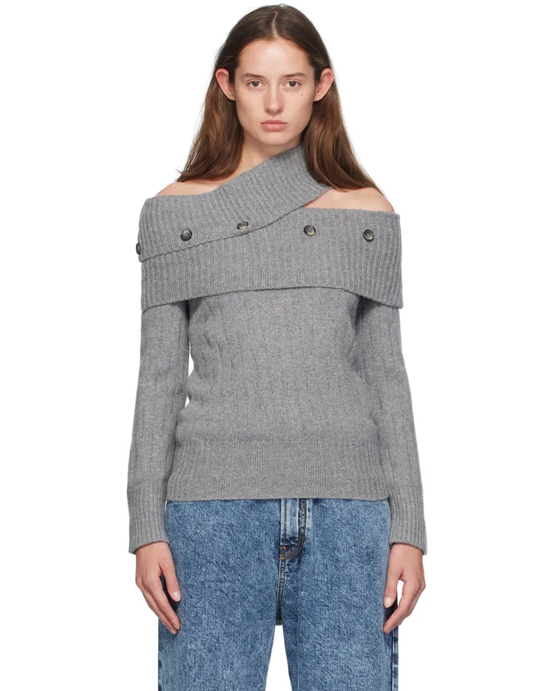 Rokh Gray Off Shoulder Multi Button Knit Sweater 4005melangegrey