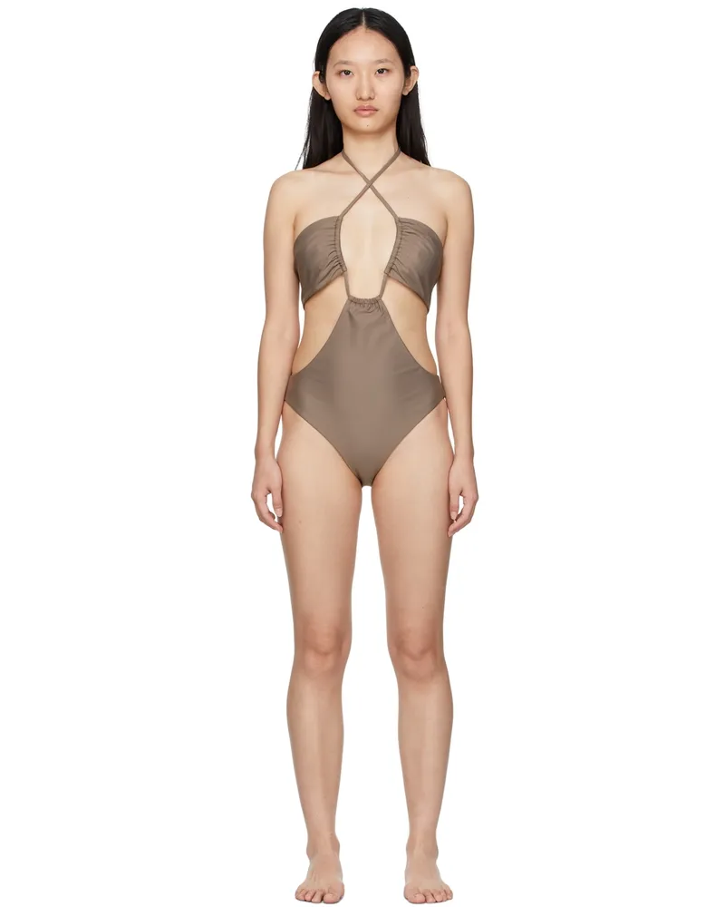 Rosetta Getty Taupe Drawstring Bandeau One-Piece Swimsuit Tobacco