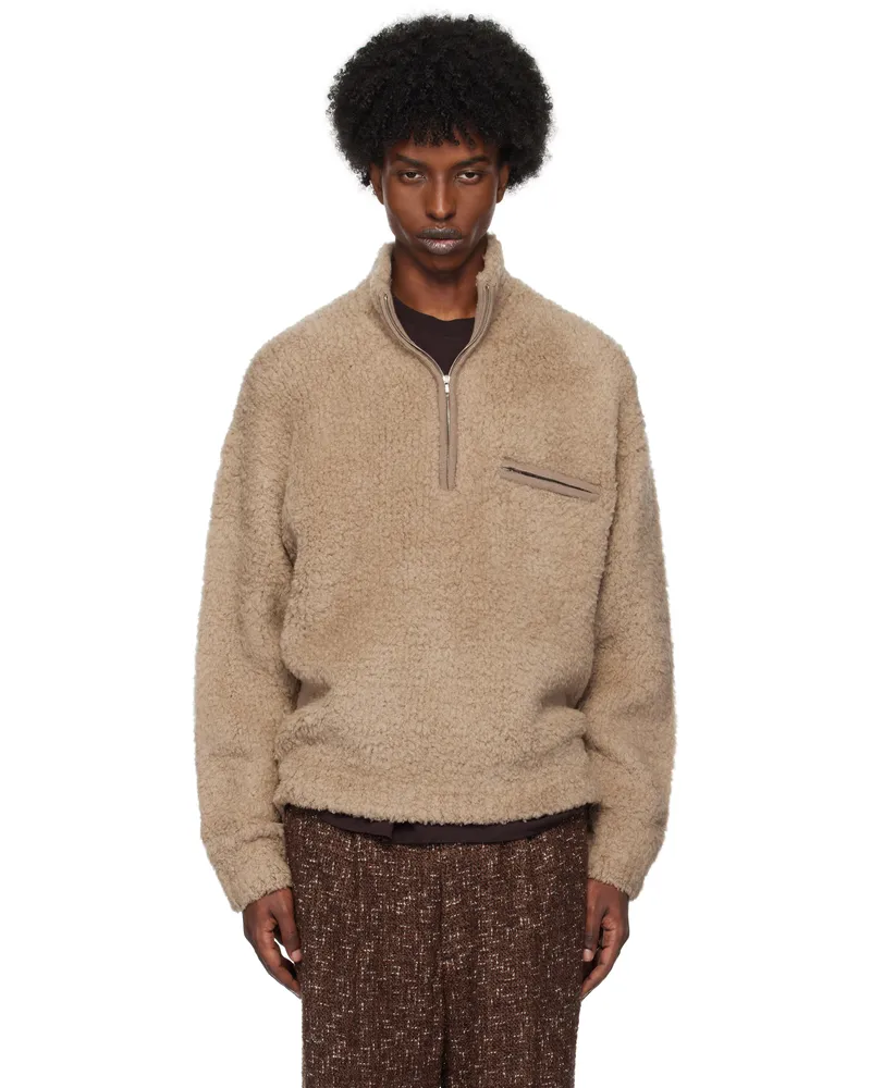 AURALEE Beige Merino Wool Boa Knit Half Zip Sweater Beige
