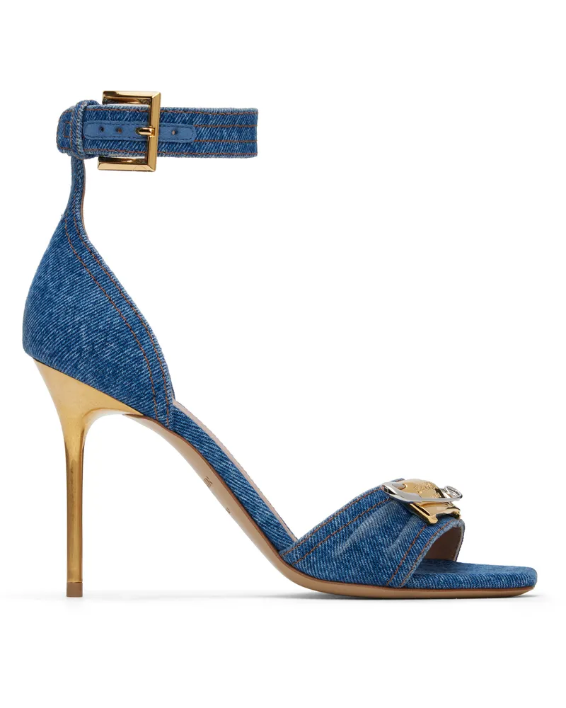 Balmain Blue Denim Safety Pin Heeled Sandals 6ef
