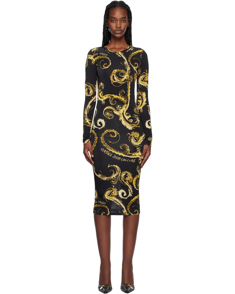 Versace Jeans Black Barocco Midi Dress Eg89