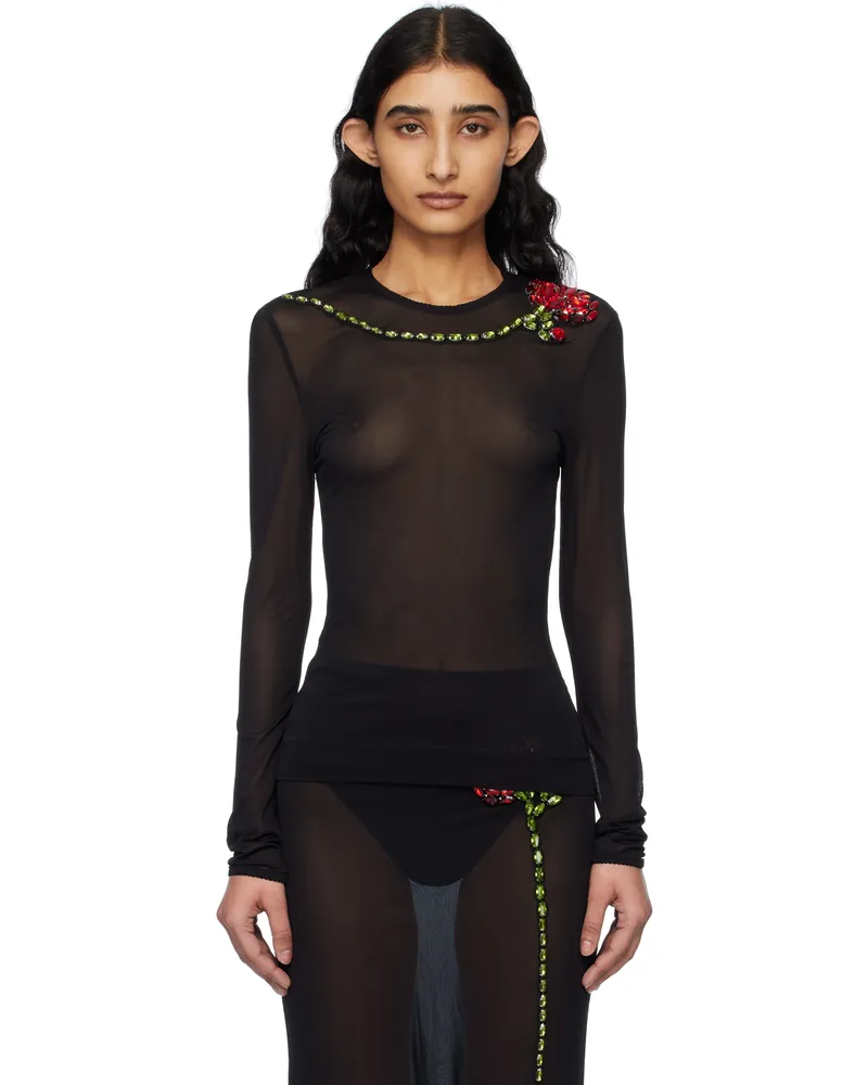 Simone Rocha Black Embellished Carnation Mesh T-shirt Black