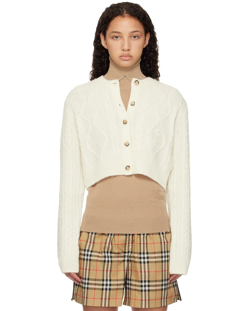Burberry Off-White Cropped Aran Wool Blend Cardigan Snow