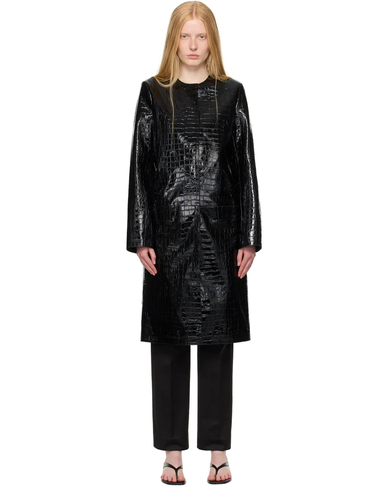 Totême Black Croco-Embossed Leather Coat Black