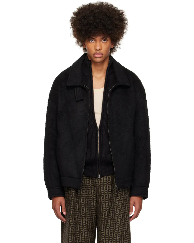 AMOMENTO Black Hairy Oversized Zip-Up Jacket Black