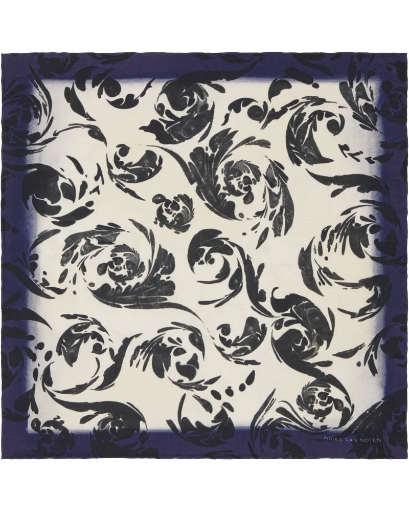 Dries van Noten Off-White & Navy Silk Pocket Square Dessin