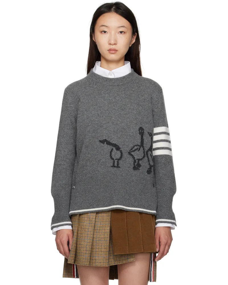 Thom Browne Gray Fine Merino Intarsia Geese 4-Bar Sweater 035