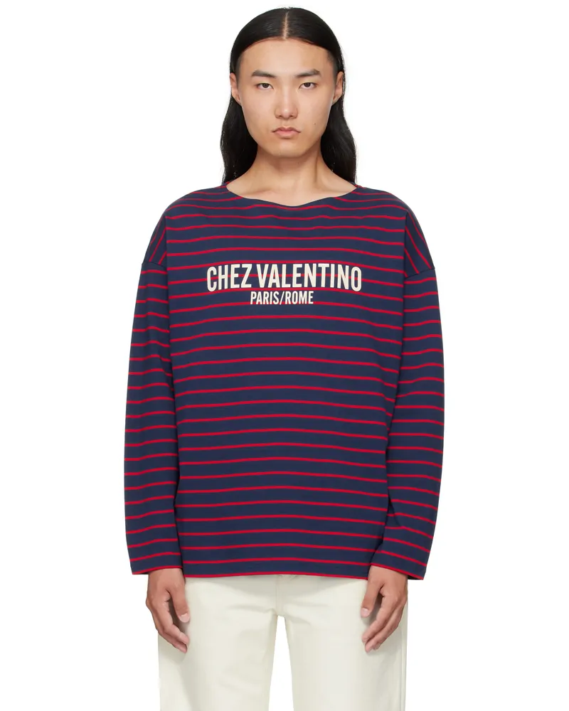 Valentino Garavani Red & Navy 'Chez Valentino' Print Long-Sleeved Cotton T-shirt Cpy