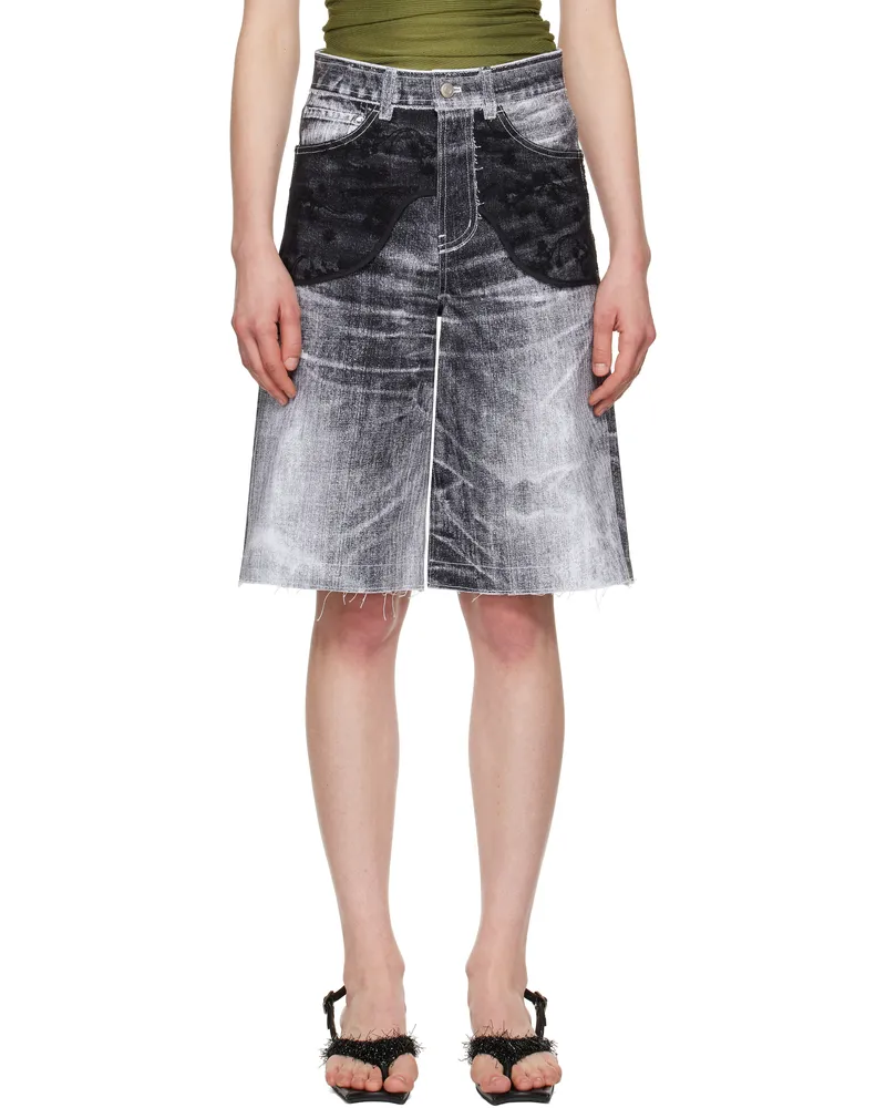Andersson Bell Black Lace Paneled Denim Shorts White