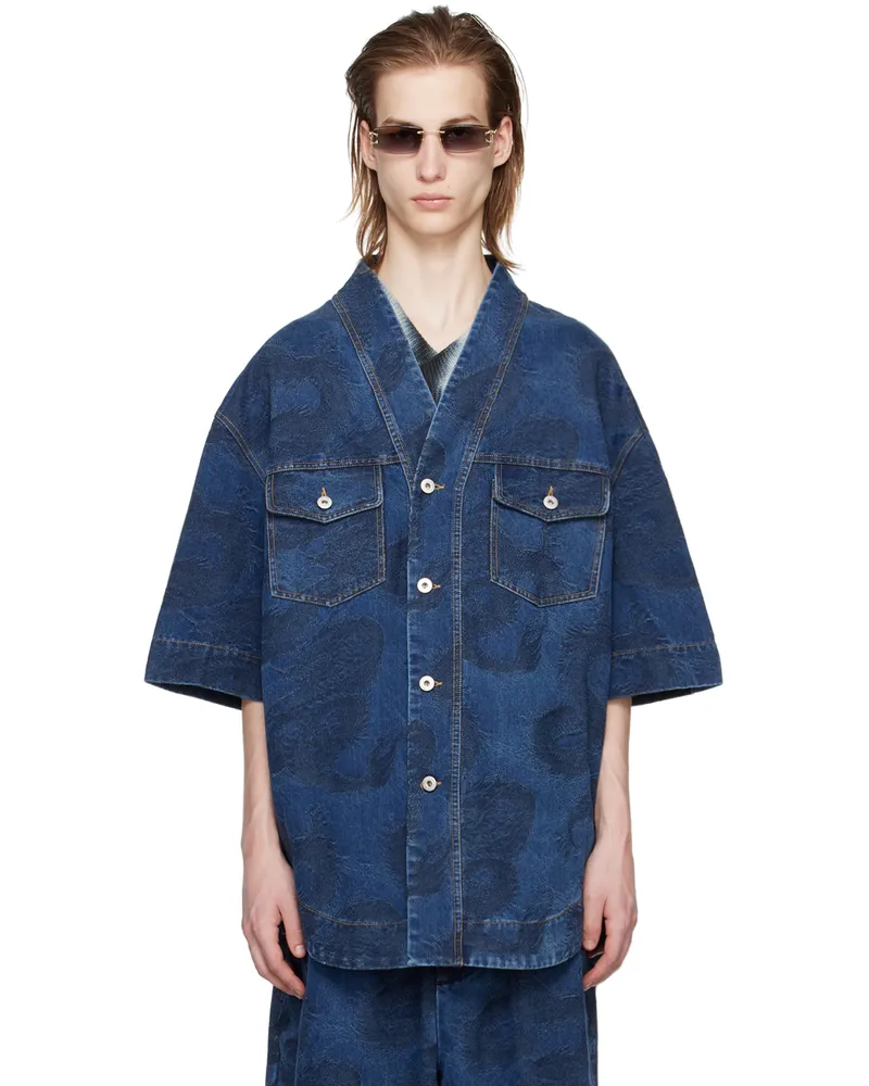 Feng Chen Wang Blue Dragon Denim Shirt Blue