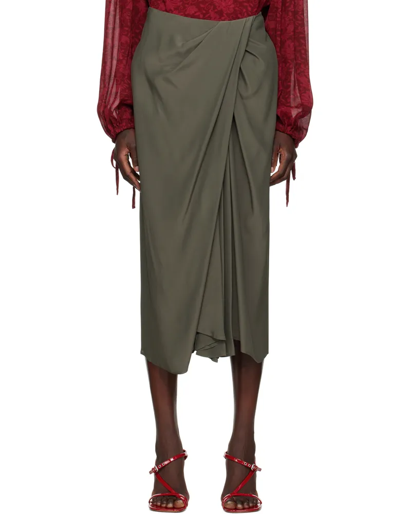 Dries van Noten Khaki Draped Flared Midi Skirt 606