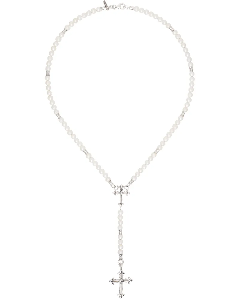 Emanuele Bicocchi White Pearl Rosary Necklace Silver