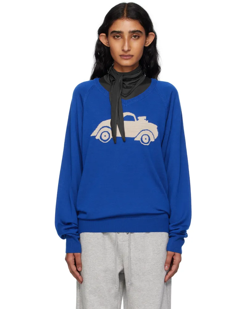 OPEN YY Blue Car Graphic Knit Sweater Blue