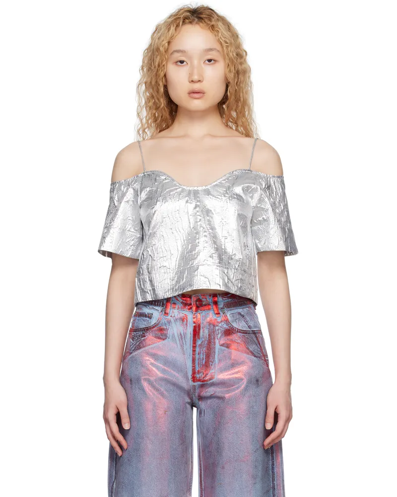 Ganni Silver Off-The-Shoulder Blouse 018