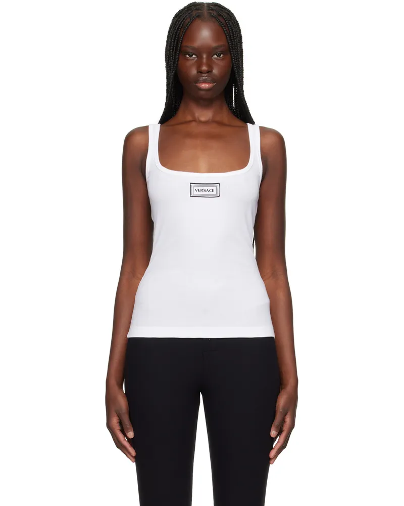 Versace White Rib & Embroidery Patch Tank Top 1w010-white