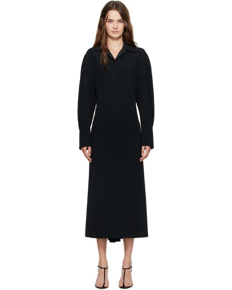 Victoria Beckham Black Long Sleeve Polo Midi Dress Black