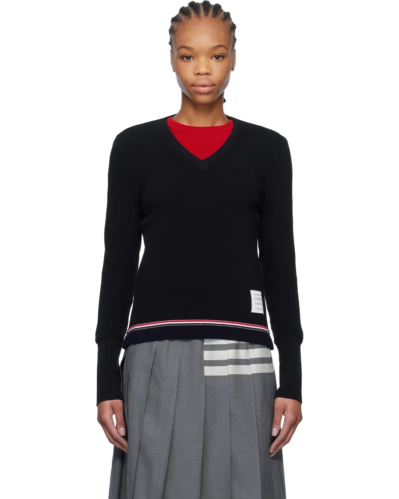 Thom Browne Navy Cotton Pique V-Neck Sweater 415