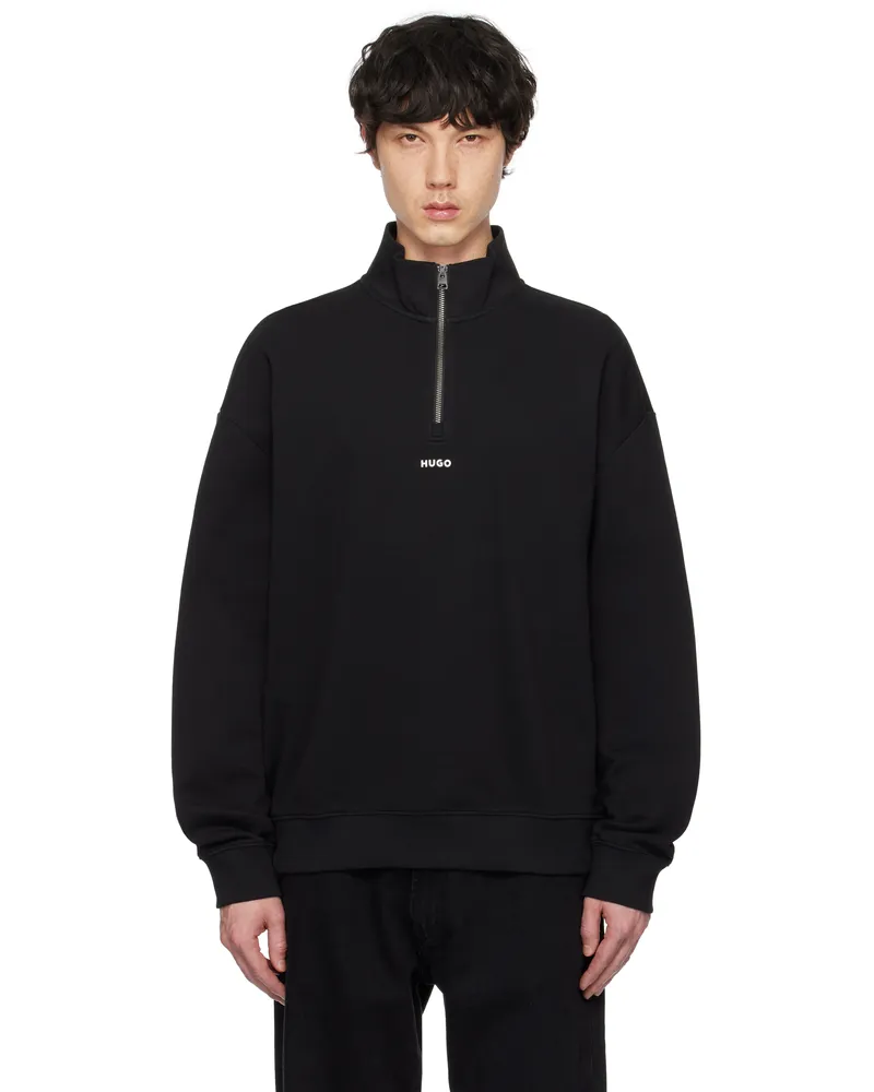 HUGO BOSS Black Logo Print Cotton-Terry Zip-Neck Sweatshirt 001-black