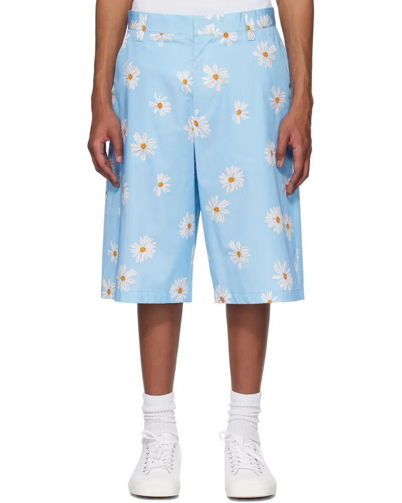 Moschino Blue Satin Bermuda Allover Daisy Shorts Multi