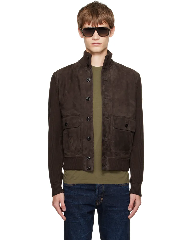 Tom Ford Brown Suede Front Merino Leather Jacket Kb870deep