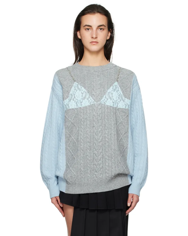 Andersson Bell Gray & Blue Lace Lingerie Boyfriend Knit Sweater Grey