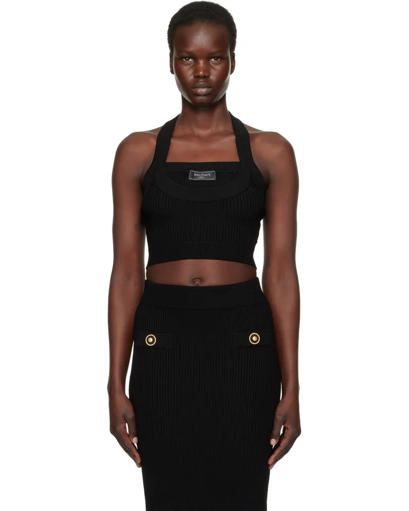 Balmain Black Ribbed Knit Halterneck Top 0pa
