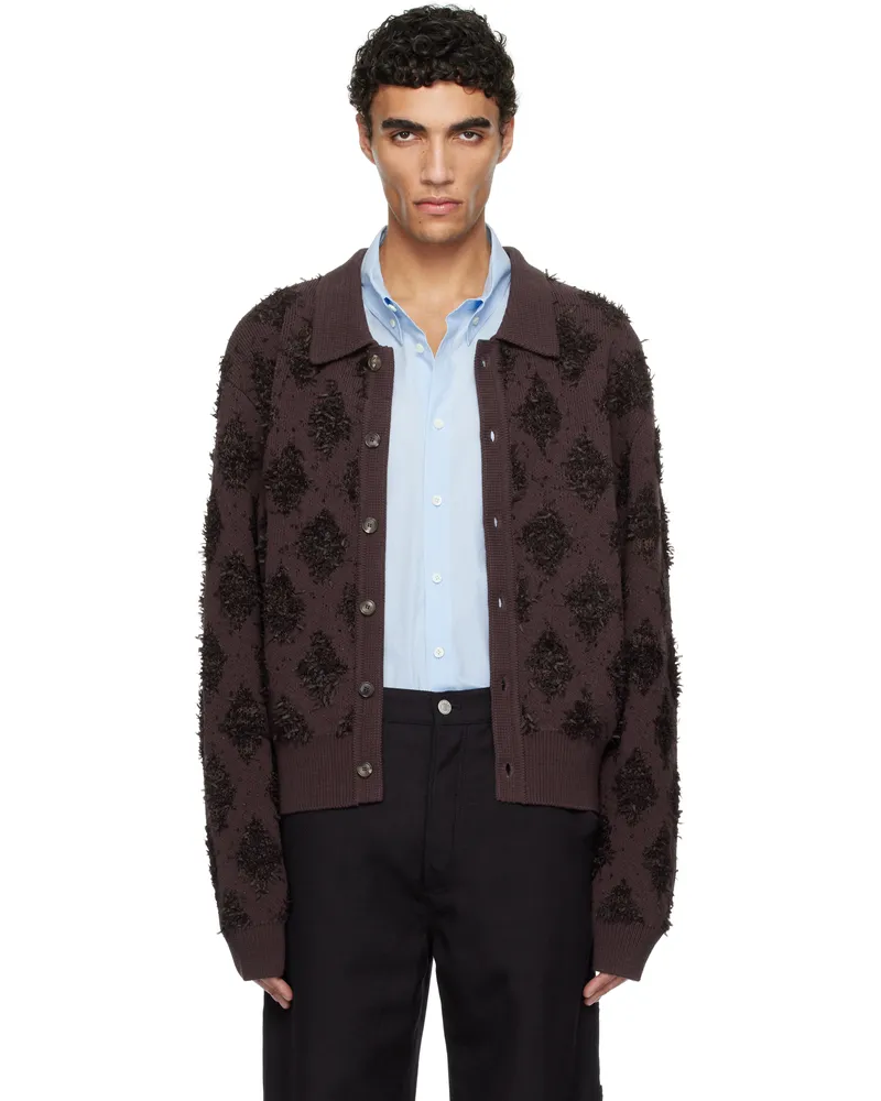 RECTO Brown Fringe Jacquard Knit Cardigan Vb