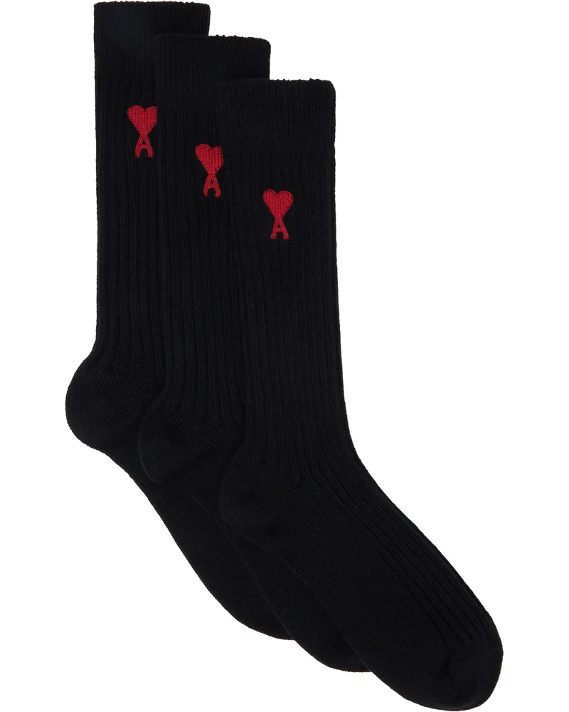 AMI Paris Three-Pack Black Cotton Socks Black