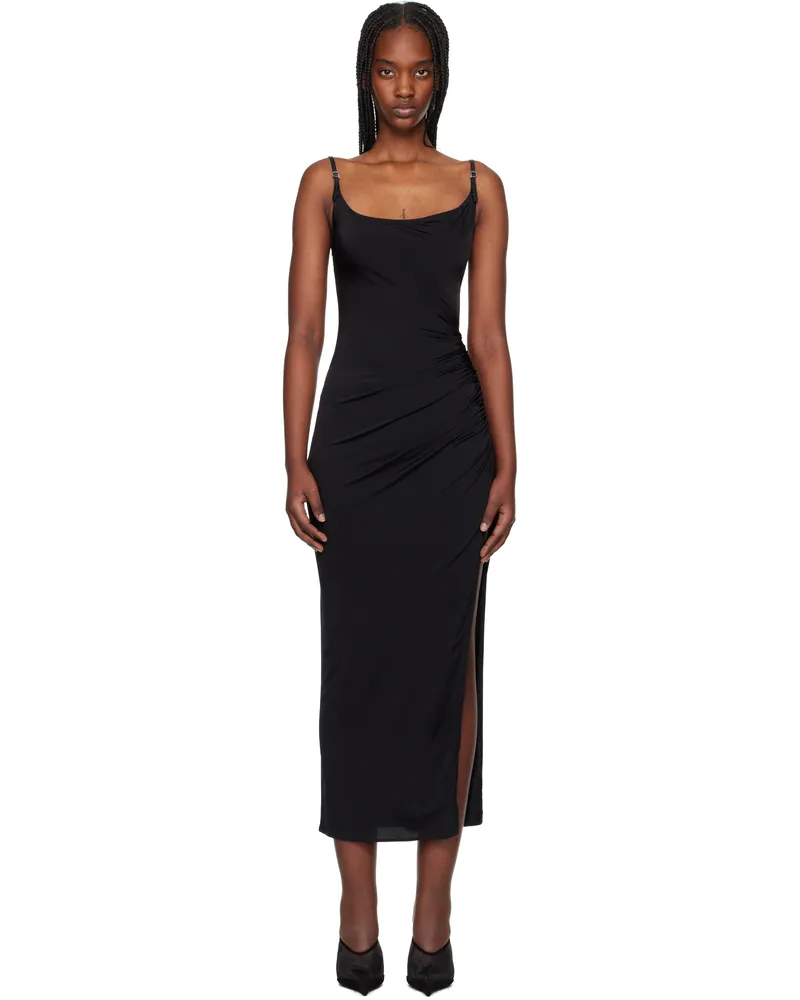 Thierry Mugler Black Asymetrical Buckled Strap Midi Dress 1999