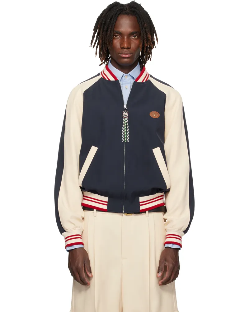 Valentino Garavani Navy & Beige 'Le Chat De La Maison' Patch Bomber Jacket Dyb