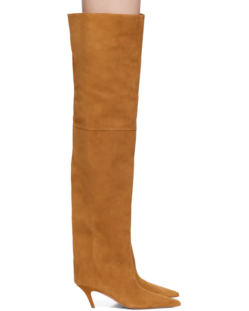 Amina Muaddi Tan Fiona Thigh High Boots Tobacco