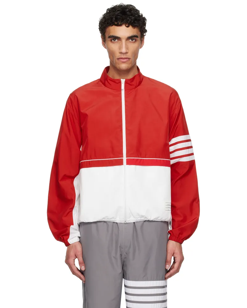 Thom Browne Red & White Ripstop 4-Bar Color Block Windbreaker Jacket 600