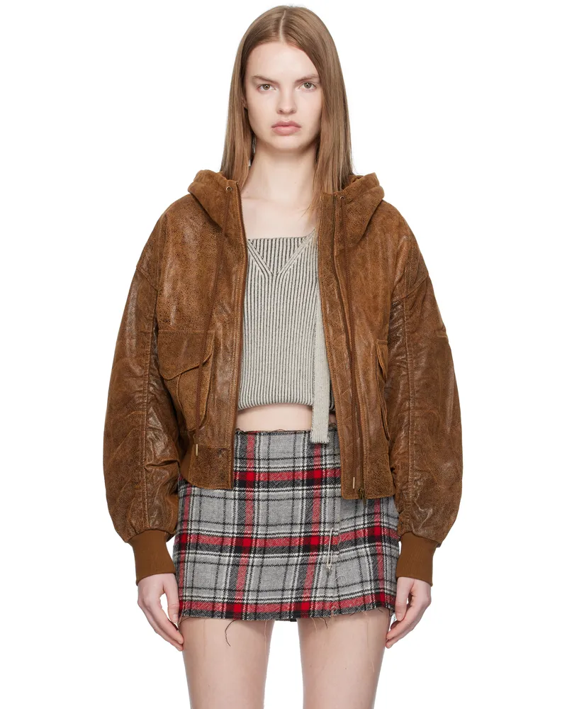 R13 Tan Shirred Oversized Leather Bomber Jacket Brown