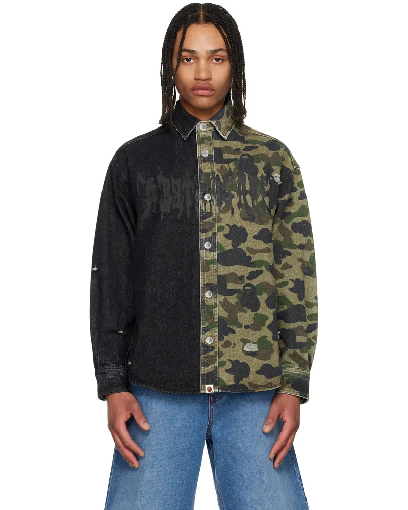 BAPE Black 1st Camo Blocking Destroyed Heavy Wash Logo Denim Shirt Blk-black