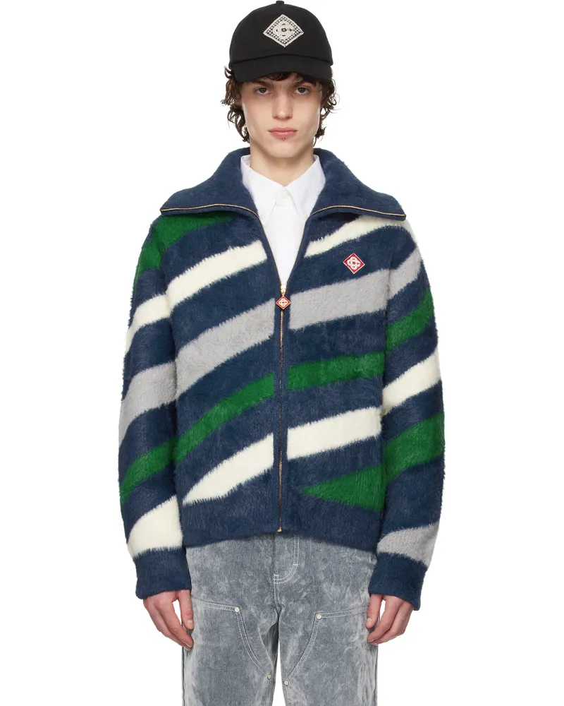 Casablanca Paris Navy Striped Fluffy Zip Up Jacket Navy