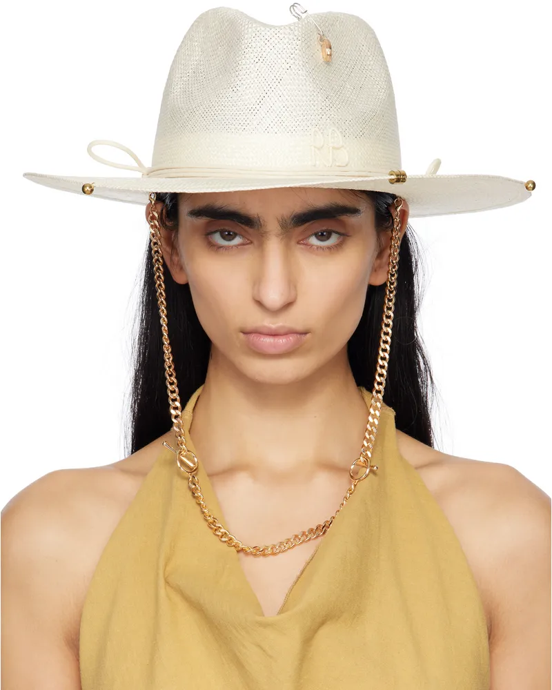 RUSLAN BAGINSKIY Off-White Chain Strap Straw Fedora Natural