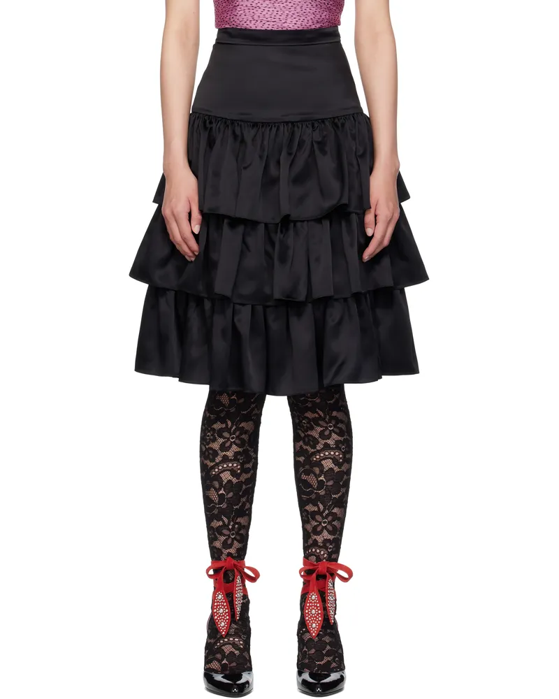 Valentino Garavani Black Satin Ruffle Midi Skirt 0no