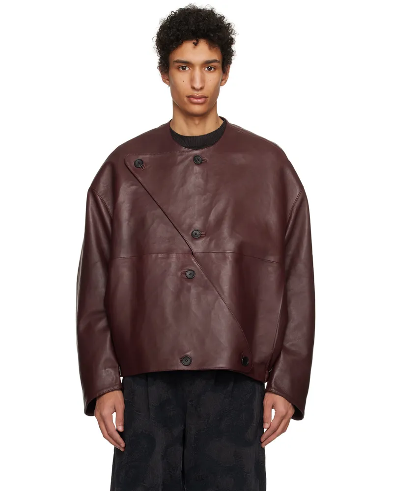 T/SEHNE SSENSE Exclusive Burgundy Lock-Detail Leather Jacket Burgundy