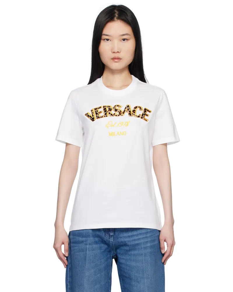 Versace White 'Versace Milano' Leopard Embroidery T-shirt 2w070