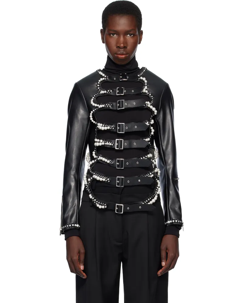 Noir Kei Ninomiya Black Faux-Pearl Embellished Faux-Leather Jacket Black