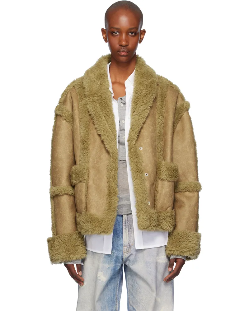 OPEN YY Tan Paneled Faux-Shearling Jacket Brown