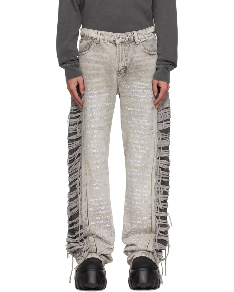WHO DECIDES WAR Gray Ultra Flare Scripture Jeans Vintage