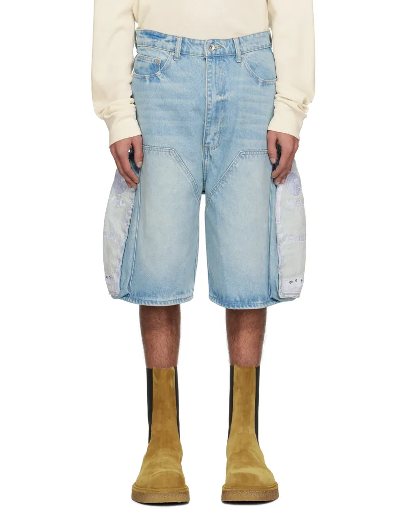 WHO DECIDES WAR Blue Side Embroidery Denim shorts Sky